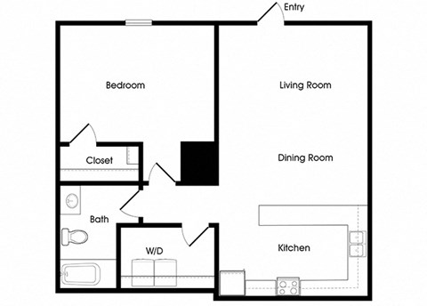Floor plan for 1 bed, 1 bath, 685 sqft