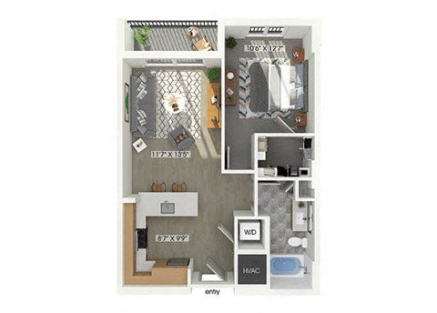 Floor plan for 1 bed, 1 bath, 724 sqft