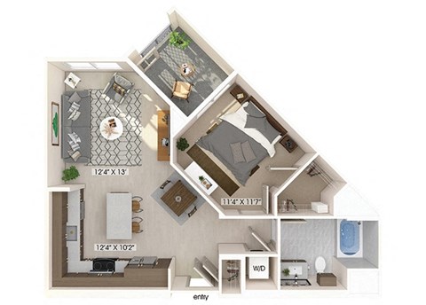 Floor plan for 1 bed, 1 bath, 702 sqft