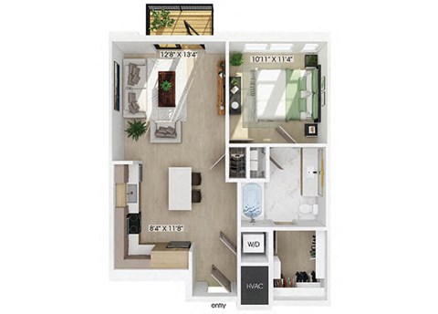 Floor plan for 1 bed, 1 bath, 717 sqft