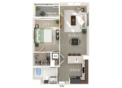 Floor plan for 1 bed, 1 bath, 719 sqft
