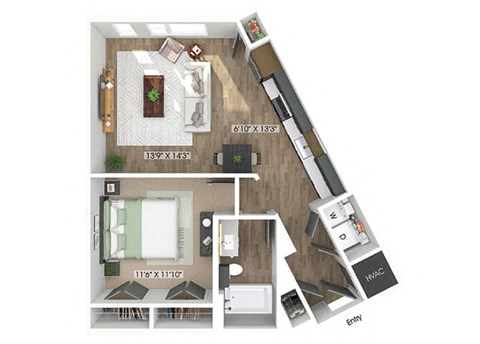 Floor plan for 1 bed, 1 bath, 722 sqft