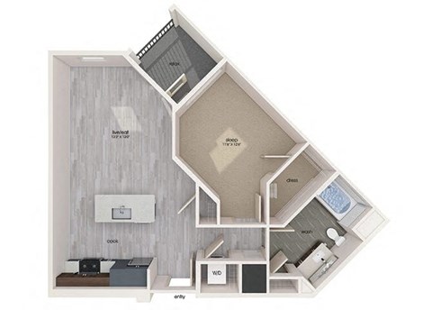 Floor plan for 1 bed, 1 bath, 768 sqft