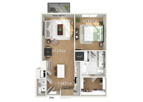 Floor plan for 1 bed, 1 bath, 771 sqft