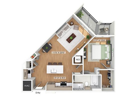 Floor plan for 1 bed, 1 bath, 776 sqft
