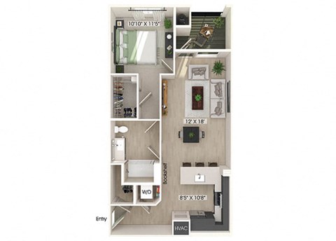Floor plan for 1 bed, 1 bath, 784 sqft