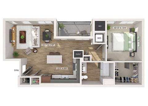 Floor plan for 1 bed, 1 bath, 858 sqft