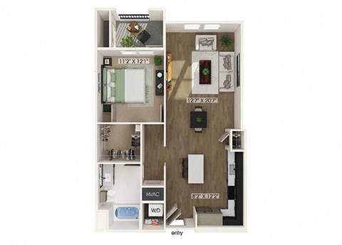 Floor plan for 1 bed, 1 bath, 839 sqft