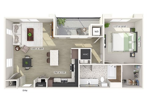 Floor plan for 1 bed, 1 bath, 862 sqft
