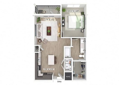 Floor plan for 1 bed, 1 bath, 803 sqft