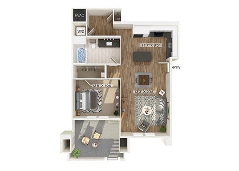 Floor plan for 1 bed, 1 bath