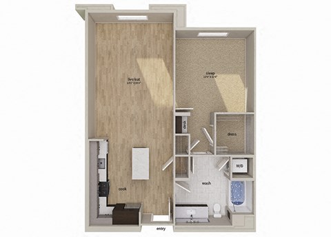 Floor plan for 1 bed, 1 bath, 848 sqft