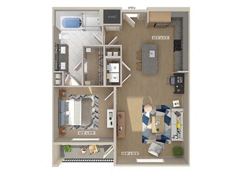Floor plan for 1 bed, 1 bath, 851 sqft