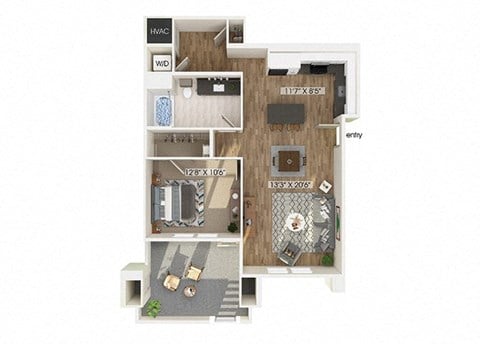 Floor plan for 1 bed, 1 bath, 849 sqft