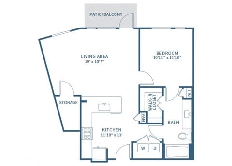Floor plan for 1 bed, 1 bath, 809 sqft