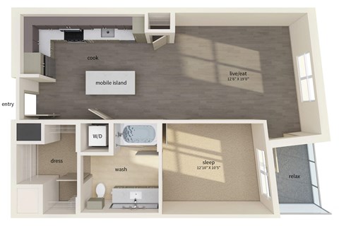 Floor plan for 1 bed, 1 bath, 791 sqft