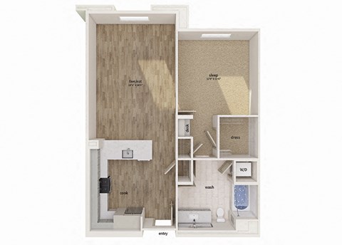 Floor plan for 1 bed, 1 bath, 848 sqft