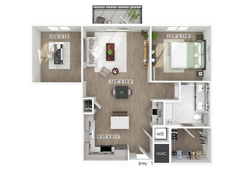 Floor plan for 1 bed, 1 bath, 985 sqft