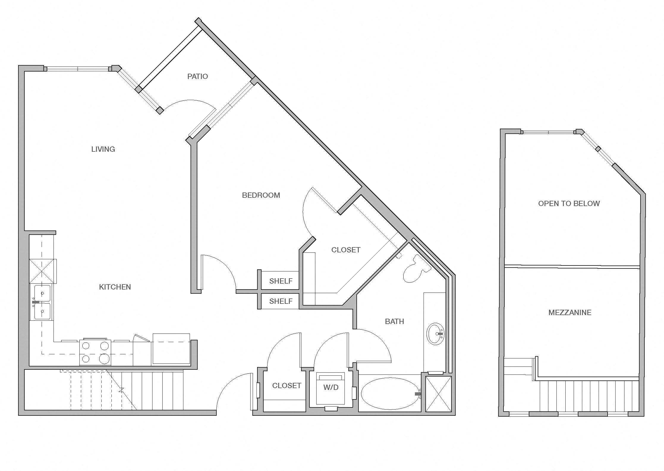 Floor plan for 1 bed, 1 bath, 976 sqft