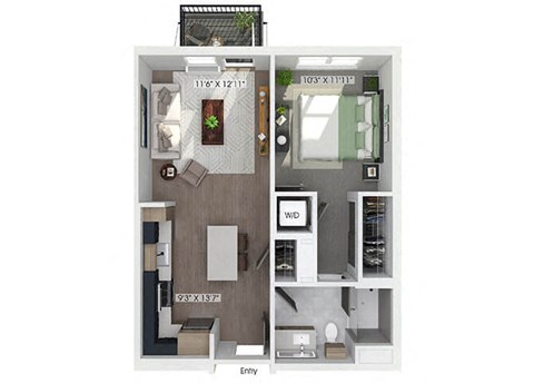 Floor plan for 1 bed, 1 bath, 640 sqft
