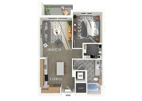 Floor plan for 1 bed, 1 bath, 726 sqft