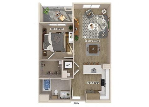 Floor plan for 1 bed, 1 bath, 719 sqft