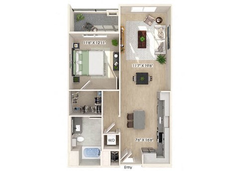 Floor plan for 1 bed, 1 bath, 828 sqft
