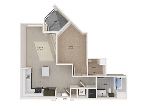Floor plan for 1 bed, 1 bath, 766 sqft