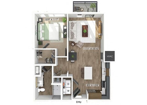 Floor plan for 1 bed, 1 bath, 766 sqft