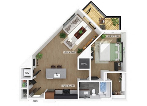 Floor plan for 1 bed, 1 bath, 772 sqft