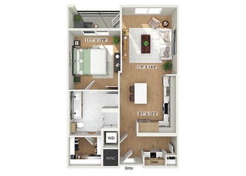 Floor plan for 1 bed, 1 bath, 775 sqft