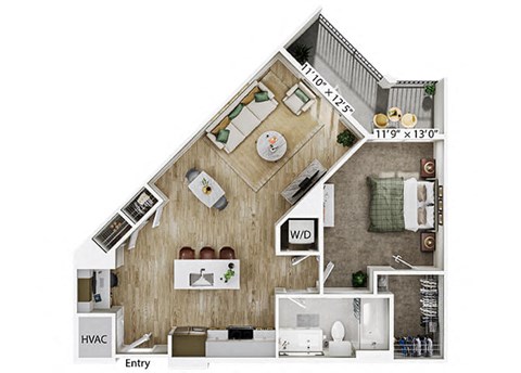 Floor plan for 1 bed, 1 bath, 776 sqft