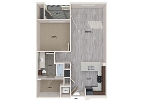 Floor plan for 1 bed, 1 bath, 778 sqft