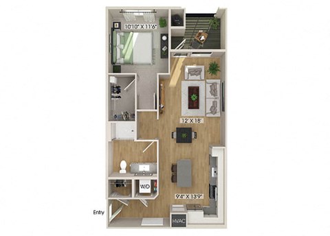 Floor plan for 1 bed, 1 bath, 795 sqft