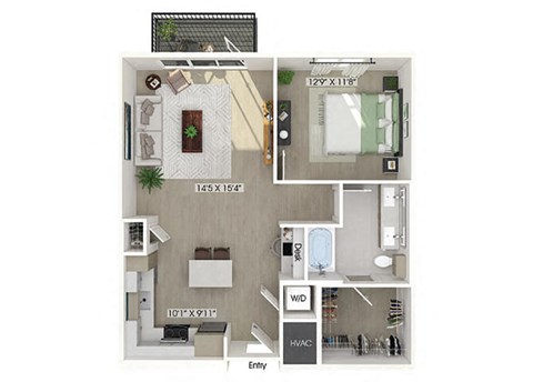 Floor plan for 1 bed, 1 bath, 866 sqft