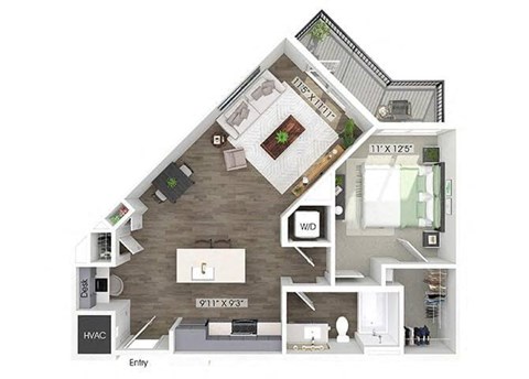 Floor plan for 1 bed, 1 bath, 777 sqft