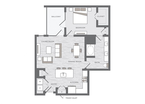 Floor plan for 1 bed, 1 bath, 881 sqft