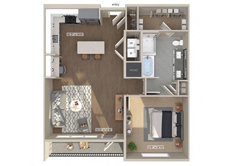 Floor plan for 1 bed, 1 bath, 906 sqft