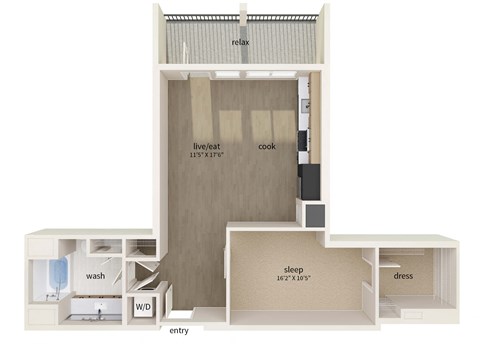 Floor plan for 1 bed, 1 bath, 844 sqft