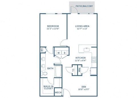 Floor plan for 1 bed, 1 bath, 900 sqft