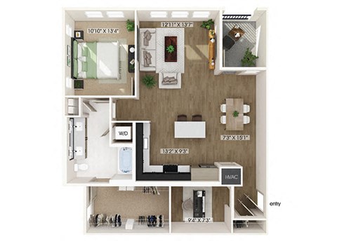 Floor plan for 1 bed, 1 bath, 1053 sqft