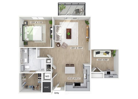 Floor plan for 1 bed, 1 bath, 985 sqft