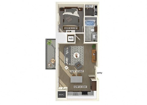 Floor plan for 1 bed, 1 bath, 725 sqft