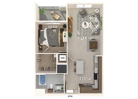 Floor plan for 1 bed, 1 bath, 828 sqft