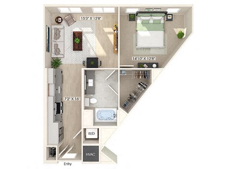 Floor plan for 1 bed, 1 bath, 748 sqft