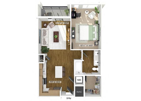 Floor plan for 1 bed, 1 bath, 774 sqft
