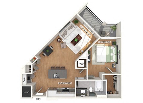 Floor plan for 1 bed, 1 bath, 776 sqft