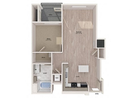 Floor plan for 1 bed, 1 bath, 809 sqft