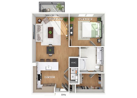 Floor plan for 1 bed, 1 bath, 809 sqft