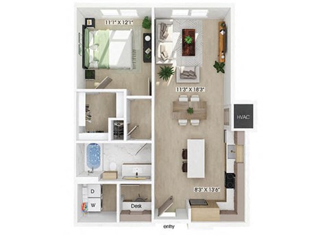 Floor plan for 1 bed, 1 bath, 828 sqft